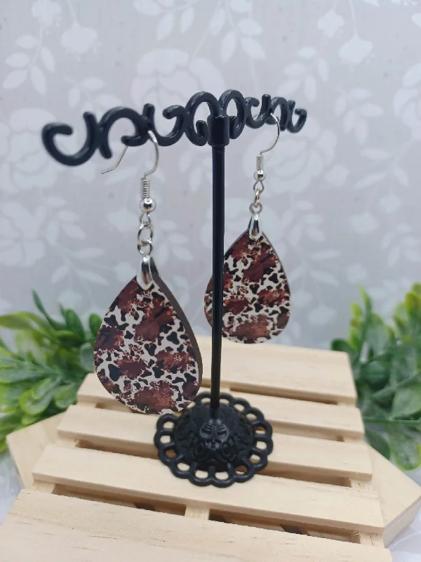 Holiday Lights Wooden Cow Print Teardrop Earrings