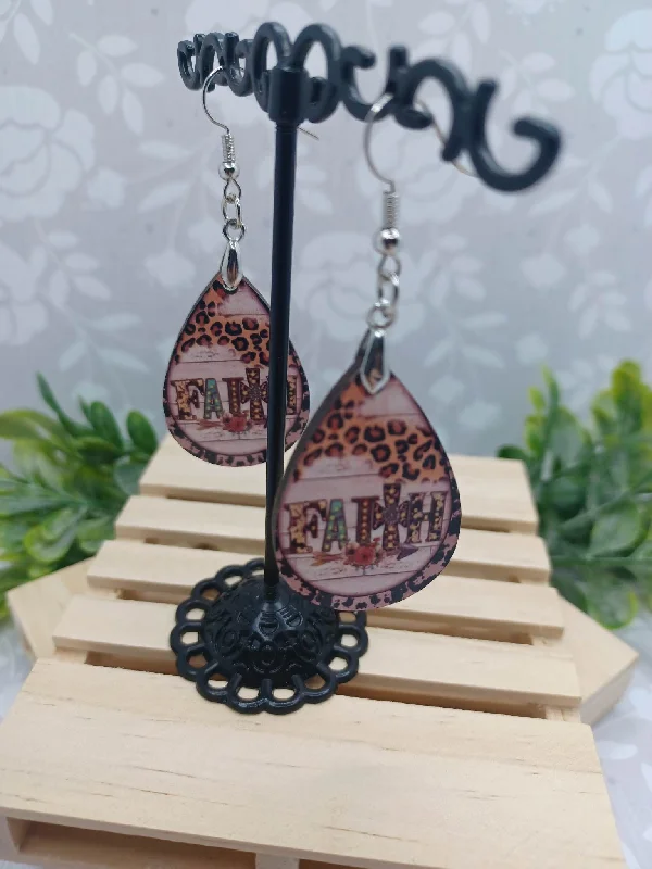 Christmas Feast Wooden "Faith" Teardrop Earrings