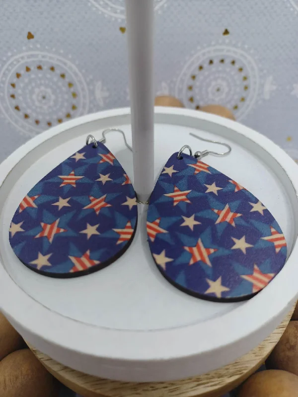 Christmas Cozy Winter Nights Wooden Red, White, & Blue Earrings w/ Stars