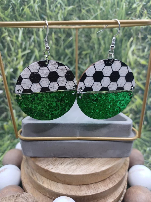 Christmas Snow Globe Decorations Wooden Soccer & Green Glitter Hinged Earrings