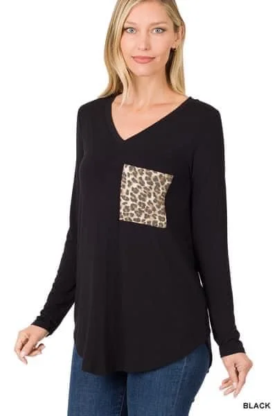 Christmas Peaceful Holiday Mornings Zenana Black Long Sleeve Top w/ Leopard Print Pocket