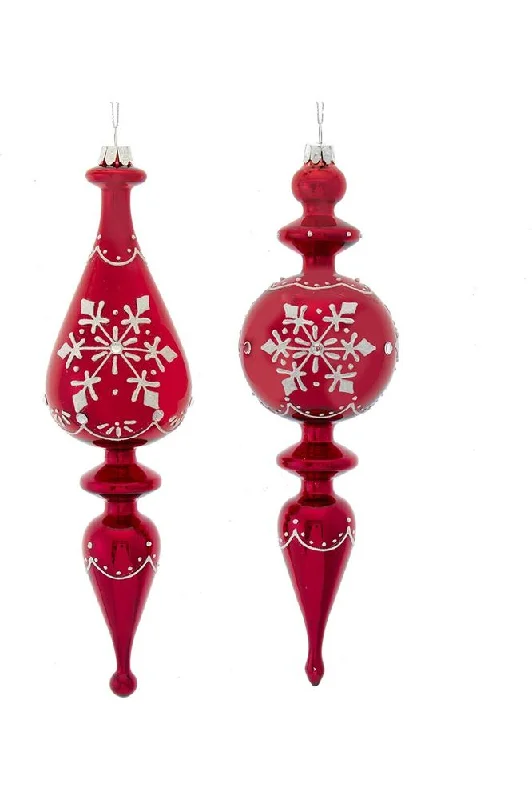 Christmas Holly Berry Wreaths 10" Glass Shiny Red Finial With Snowflake Pattern Ornament