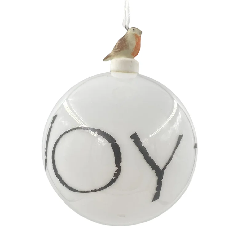 Christmas Candles 100mm Hand-Blown Glass "Joy" Ornament w/Porcelain Bird Cap