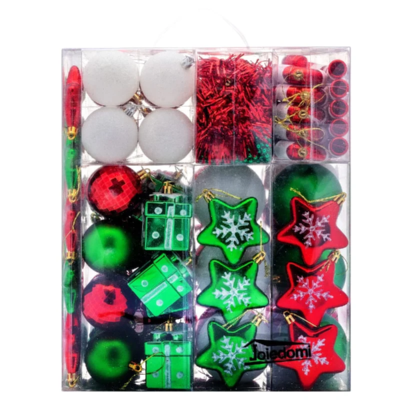 Christmas Festive Festivities 132 Pcs Red, Green, White Christmas Assorted Ornaments with a Silver Star Tree Topper