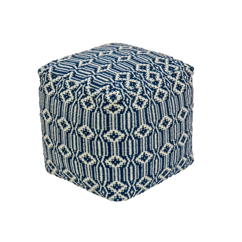 Christmas Glittering Snowy Roofs 16" Hand Woven Pouf Ottoman, Navy Blue