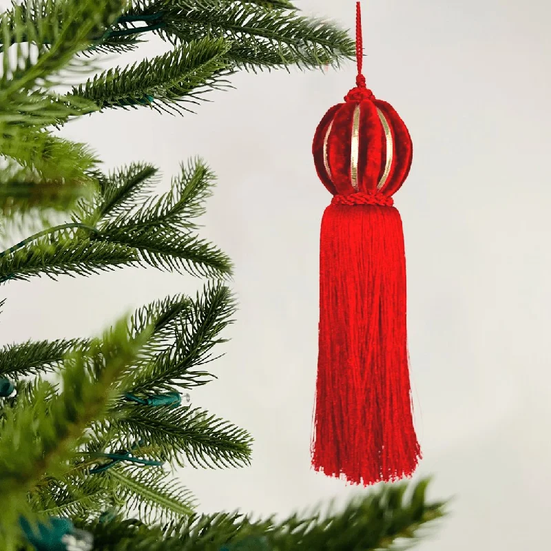 Snowy Christmas Small Red Tassel Ornament with Gold Lining
