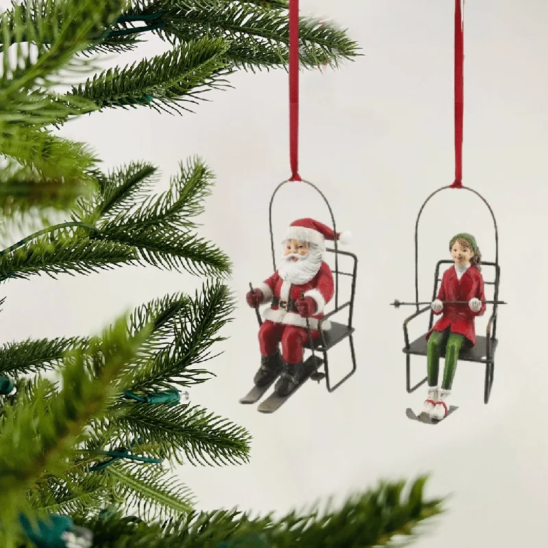 Christmas Fireplace Skiing Girl and Santa Claus on Telpher Festive Ornament