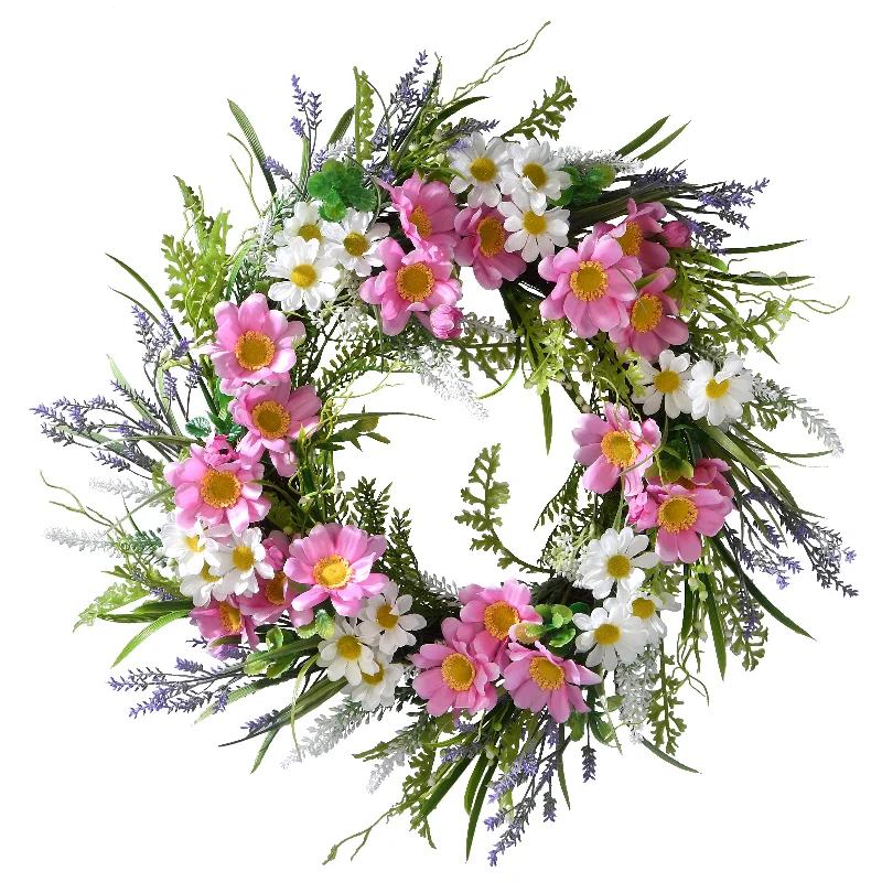 Christmas Snowy Mountains Artificial Hanging Wreath, Woven Branch Base, Decorated with Pink and White Daisies, Leafy Greens, Seed Pods, Spring Collection, 18 Inches Christmas Snowy Mountains Artificial Hanging Wreath, Woven Branch Base, Decorated with Pink and White Daisies, Leafy Greens, Seed Pods, Spring Collection, 18 Inches