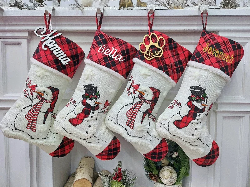 Christmas Peaceful Holiday Nights 20" Winter Snowman Christmas Stocking with Custom Name Personalized Embroidered Tag Cardinal Santa Buffalo Check plaid red black Christmas Peaceful Holiday Nights 20" Winter Snowman Christmas Stocking with Custom Name Personalized Embroidered Tag Cardinal Santa Buffalo Check plaid red black
