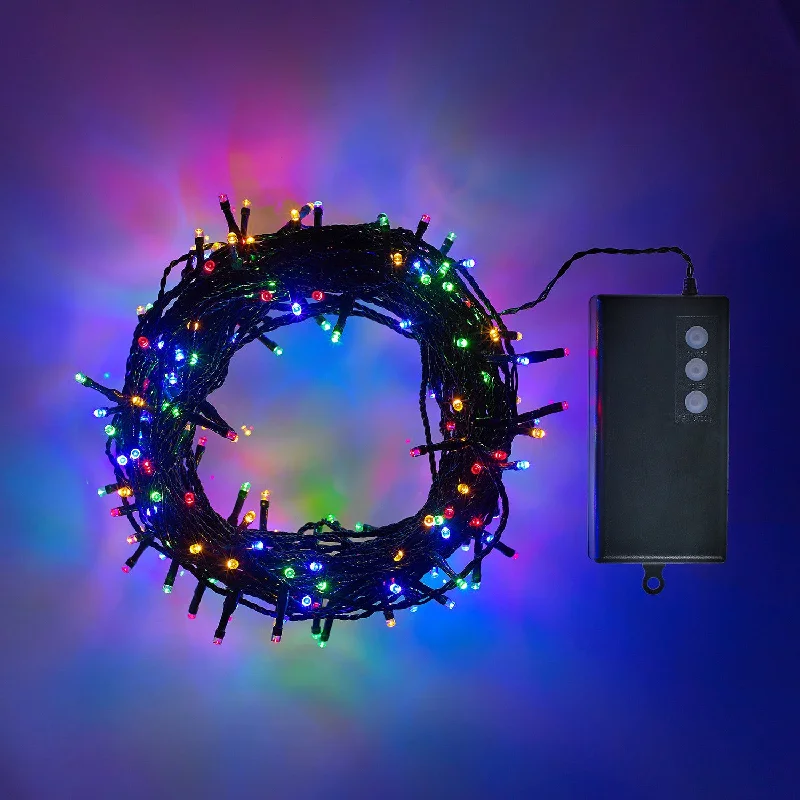 Christmas Dinner 200 Multi Coloured LED Outdoor Battery Fairy Lights On Green Cable