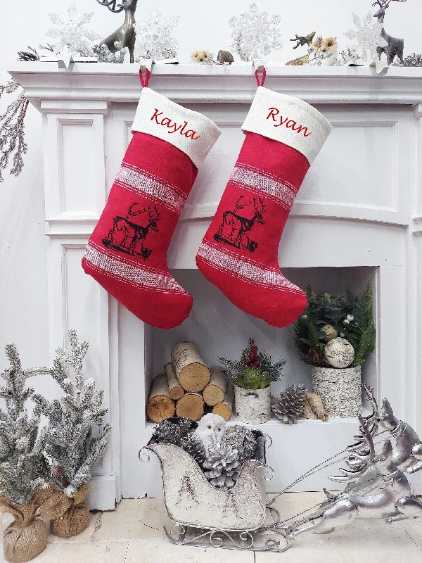 Christmas Wreath 22" Red & White Banded Deer Christmas Stocking | Natural Fiber Cotton Modern Farmhouse Country Xmas Stag Style Decor Personalized Name Tag Christmas Wreath 22" Red & White Banded Deer Christmas Stocking | Natural Fiber Cotton Modern Farmhouse Country Xmas Stag Style Decor Personalized Name Tag