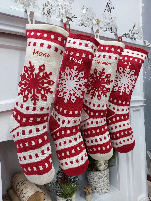 Christmas Magical Traditions 22" Sweater Knit Red White Christmas Stockings Snowflake Scandinavian Nordic Modern Holiday Theme Minimalist Look Custom Name Tag Monogram Christmas Magical Traditions 22" Sweater Knit Red White Christmas Stockings Snowflake Scandinavian Nordic Modern Holiday Theme Minimalist Look Custom Name Tag Monogram