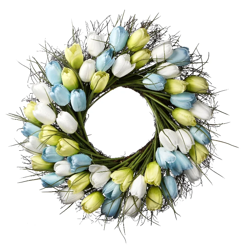 Christmas Twinkling Star Lights Artificial Hanging Wreath, Woven Vine Base, Decorated with Yellow, Blue and White Tulips, Spring Collection, 22 Inches