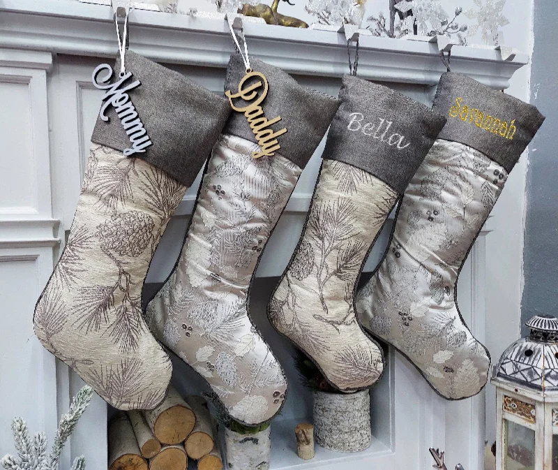 Christmas Warming Cocoa Sips 24" Evergreen Pinecone & Holly Taupe Beige Grey Jacquard Christmas Stockings Embroidered Engraved Name Tag Luxurious Elegant Christmas Warming Cocoa Sips 24" Evergreen Pinecone & Holly Taupe Beige Grey Jacquard Christmas Stockings Embroidered Engraved Name Tag Luxurious Elegant