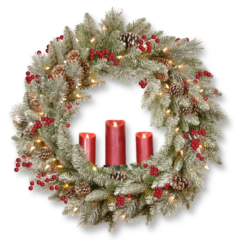 Christmas Mistletoe 36 in. Pre-Lit Snowy Bristle Berry Wreath with Three Candle