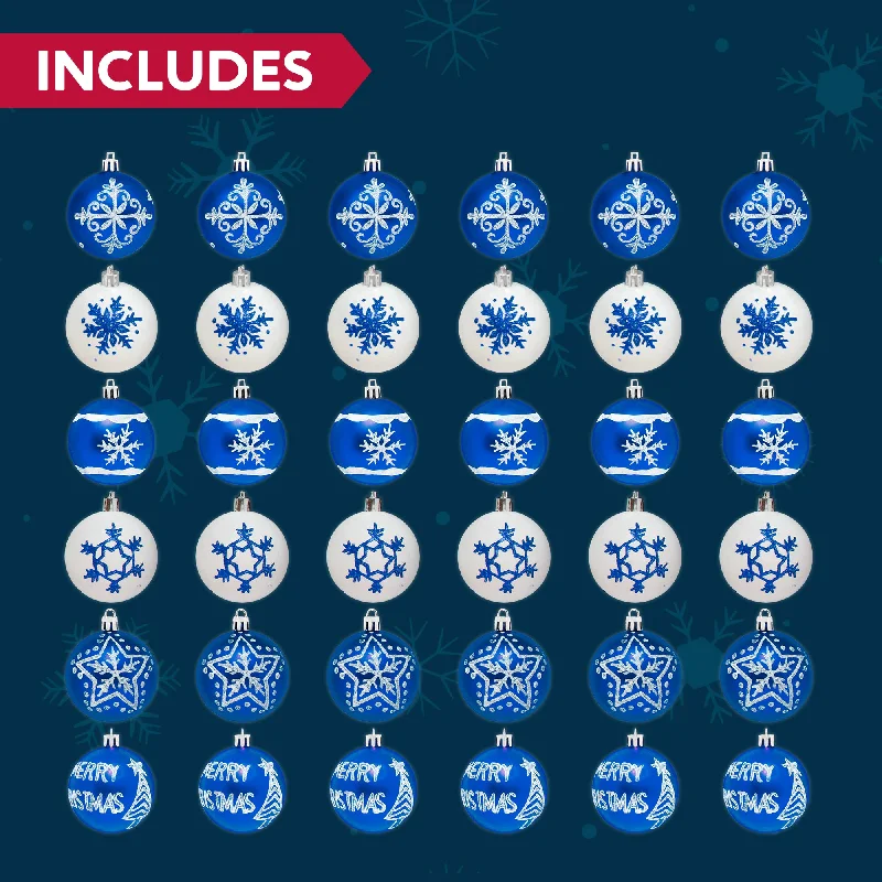 Christmas Family Time 36Pcs Deluxe Christmas Ball Ornaments 2.36in Blue & White