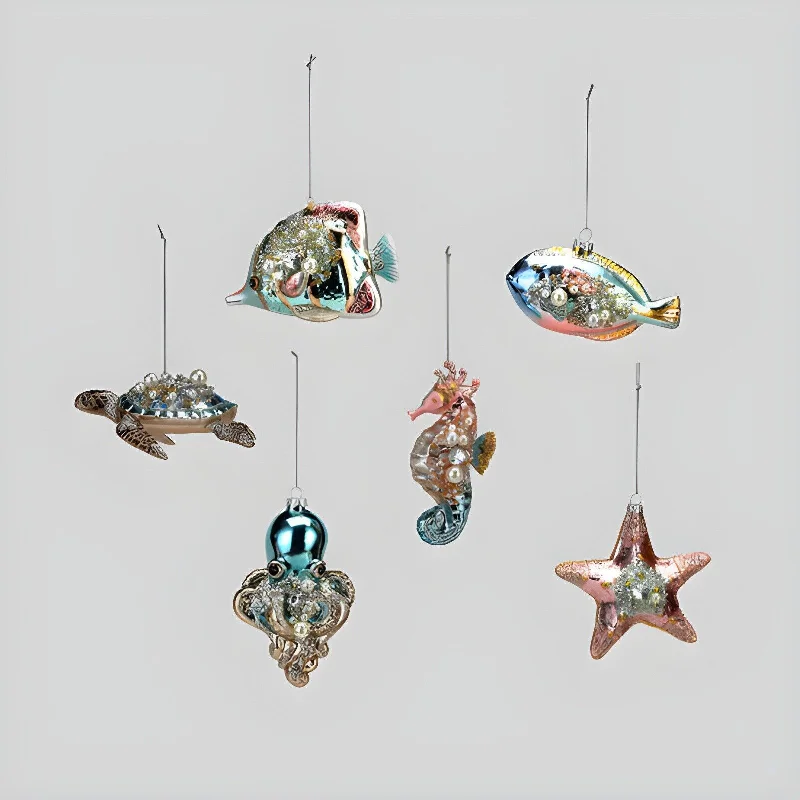 4.5" -5.5" Regal Sea Life Glass Ornament Set Of 6