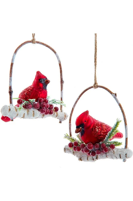 Christmas Festive Candle Arrangements 4" Glass Birch Berries Cardinal On Branch Ornament