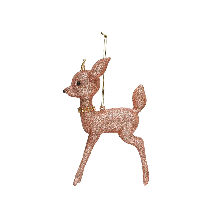 Christmas Star 6-1/2"H Plastic Deer Ornament w/ Glitter & Crystal Collar, Pink