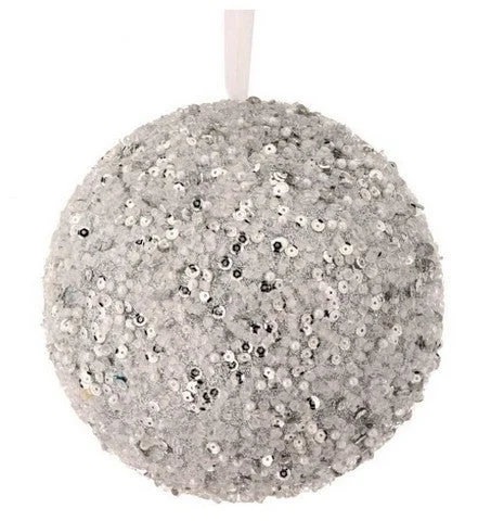 6" Silver Sequin Ball Ornament Set Of 4