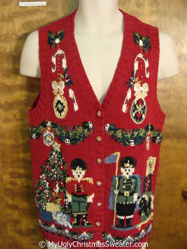 Christmas Decor 80s Gem Red Christmas Sweater Vest with Nutcrackers