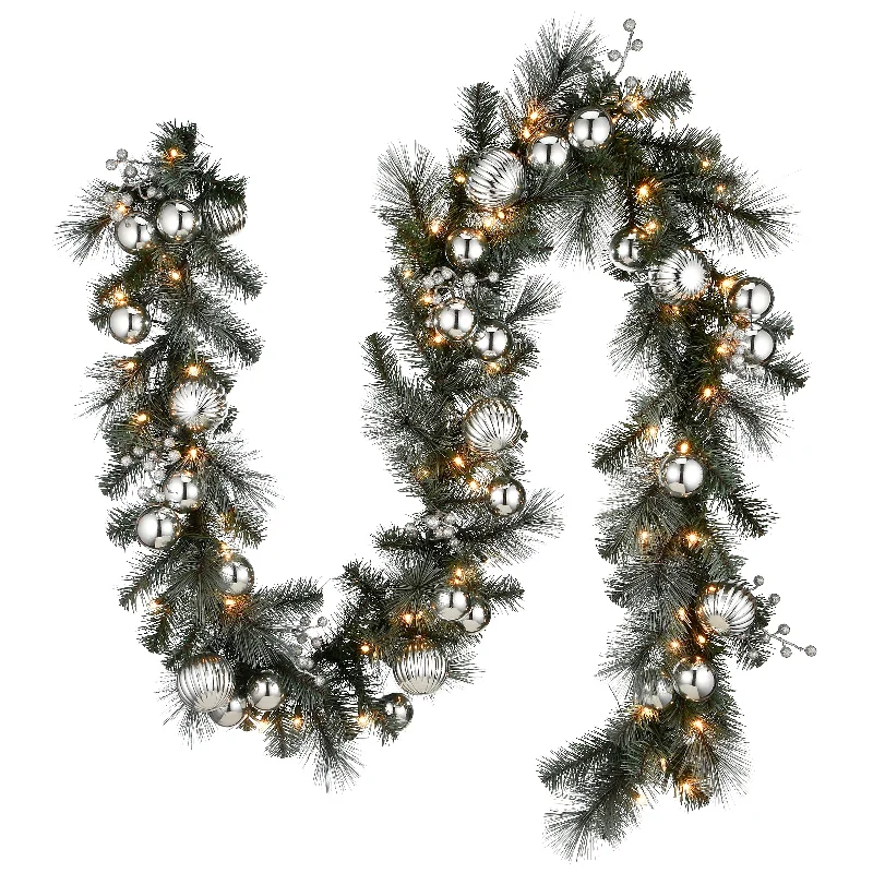Christmas Garland 9 ft. Pre-Lit Frosted Silver Pine Garland with Clear Lights
