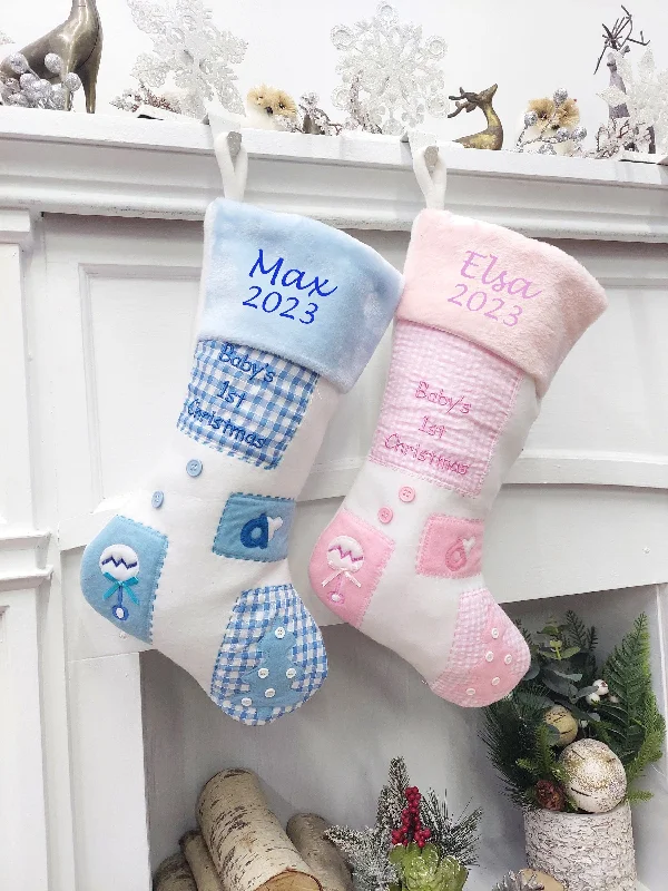 Christmas Lights Baby's 1st Christmas Stocking | Blue Pink Patchwork Cute Buttons Baby Shower Gift Keepsake Photo Prop Personalized Embroidery Boy Girl Name Christmas Lights Baby's 1st Christmas Stocking | Blue Pink Patchwork Cute Buttons Baby Shower Gift Keepsake Photo Prop Personalized Embroidery Boy Girl Name
