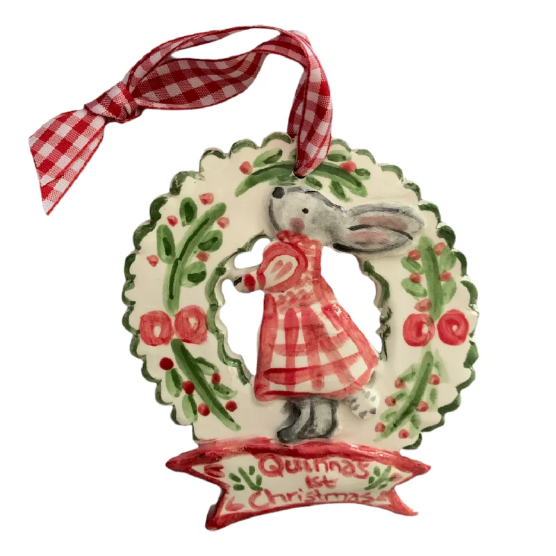Christmas Snowy Mountains Baby's First Christmas Ornament - Bunny Girl Wreath