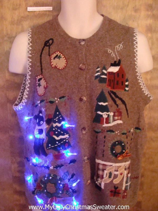 Christmas Holiday Street Decorations Bear Decorating a Tree Light Up Ugly Xmas Sweater Vest Christmas Holiday Street Decorations Bear Decorating a Tree Light Up Ugly Xmas Sweater Vest