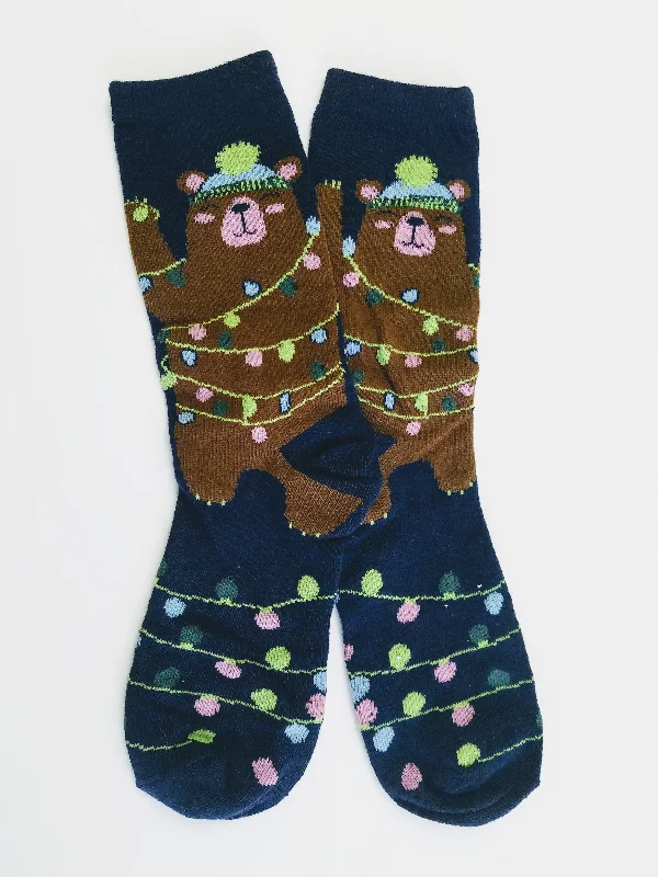 Christmas Centerpiece Bear w/ Lights Thin Crew Socks