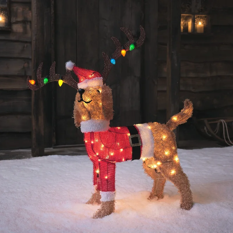 Christmas Bells 80cm Berry the Christmas Dog with Antlers LED 3D Fabric Figure