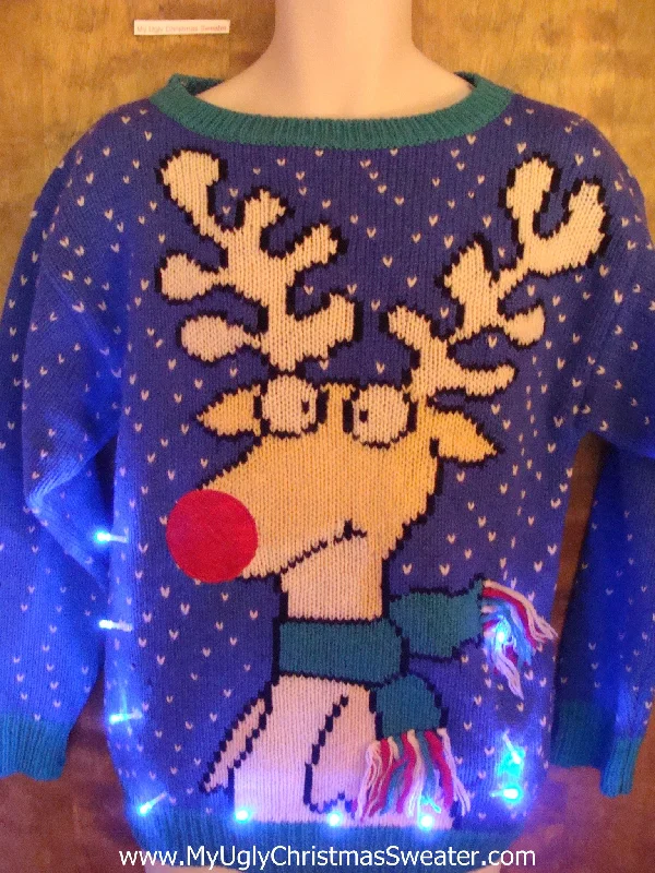 Christmas Hot Chocolate BEST 80s Funny Rudolph Reindeer Light Up Ugly Xmas Sweater