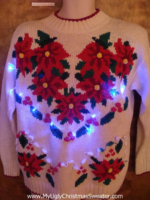Christmas Festive Wonderland BEST 80s Poinsettias Light Up Ugly Xmas Sweater