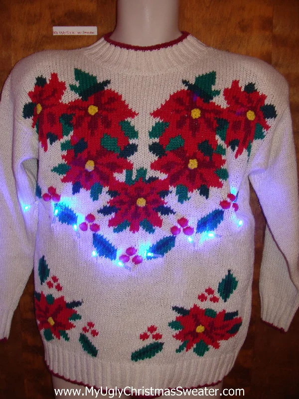 Snowy Christmas Best Tacky Poinsettias 80s Light Up Ugly Xmas Sweater