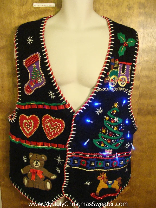Christmas Snowflakes Black Crafty Bling Light Up Ugly Xmas Sweater Vest