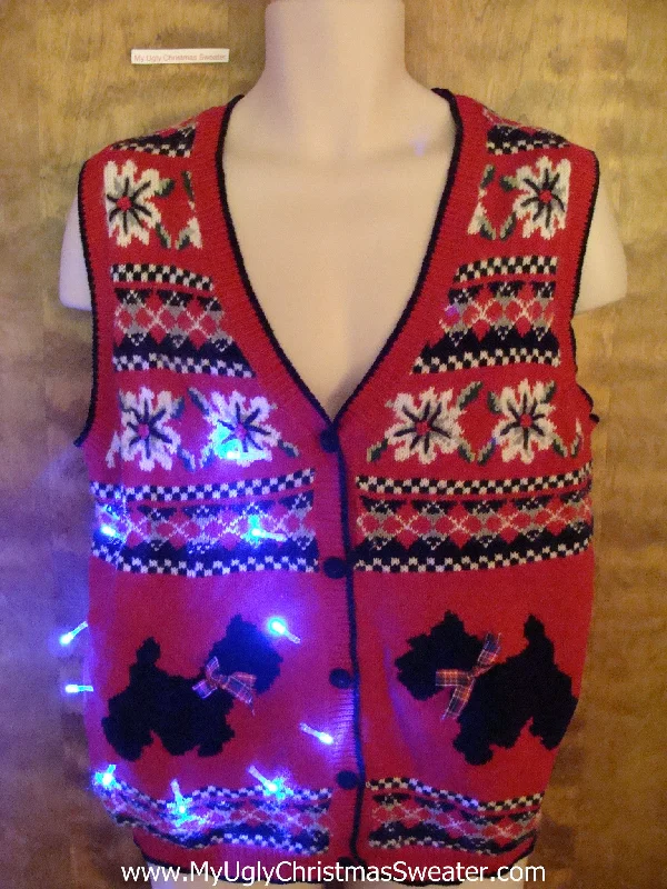 Christmas Family Time Black Scottie Dog Light Up Ugly Xmas Sweater Vest