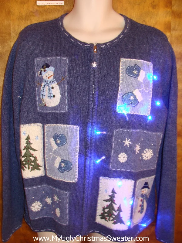 Christmas Peaceful Holiday Mornings Blue Light Up Ugly Xmas Sweater with Patchwork Snowmen Christmas Peaceful Holiday Mornings Blue Light Up Ugly Xmas Sweater with Patchwork Snowmen