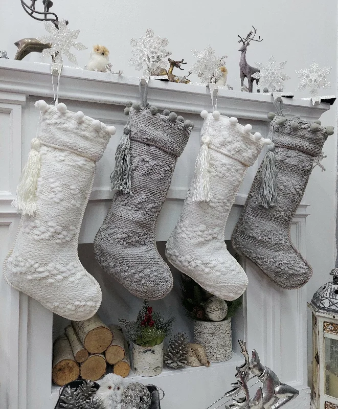 Christmas Cozy Handmade Decorations Boho Minimalist Grey Ivory Cream Christmas Stockings | Beautiful Designer Fabric Pom Pom Cuff and Tassel Personalized Family Holiday Christmas Cozy Handmade Decorations Boho Minimalist Grey Ivory Cream Christmas Stockings | Beautiful Designer Fabric Pom Pom Cuff and Tassel Personalized Family Holiday