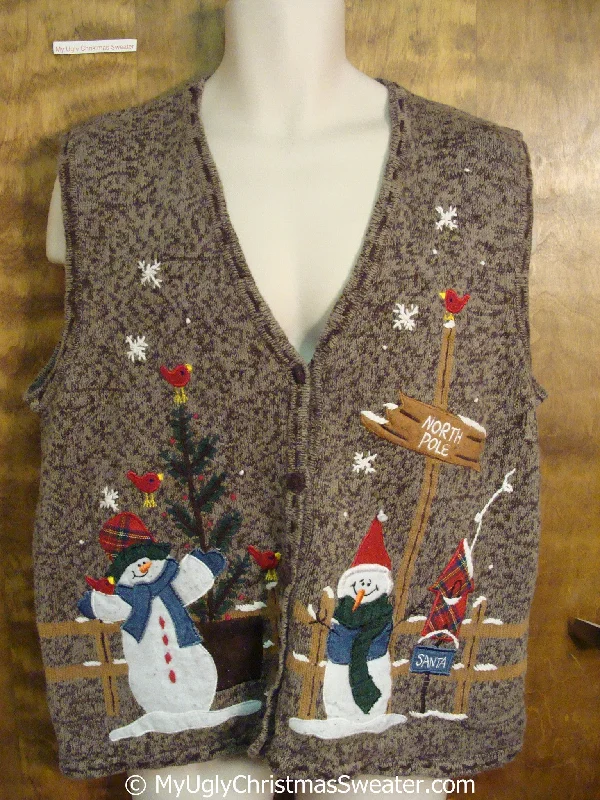 Christmas Nostalgic Festive Times Brown Cheap Christmas Sweater Vest with Snowmen and Bird