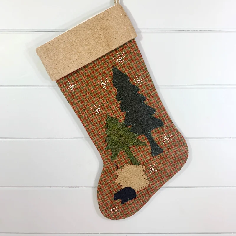 Woodland Cabin and Bear Christmas Stocking