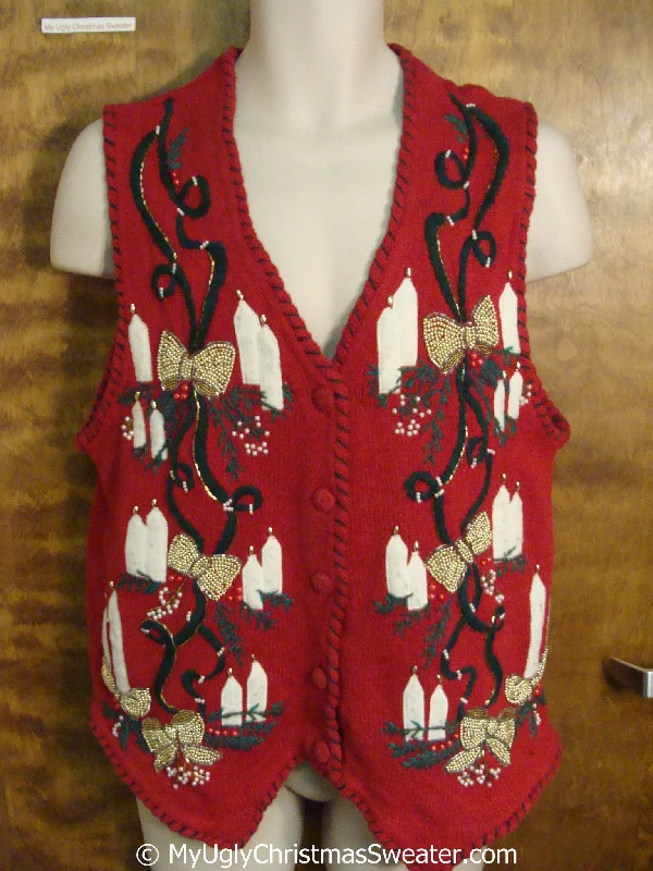 Snowy Christmas Candles and Bling Bows 80s Cheap Christmas Sweater Vest