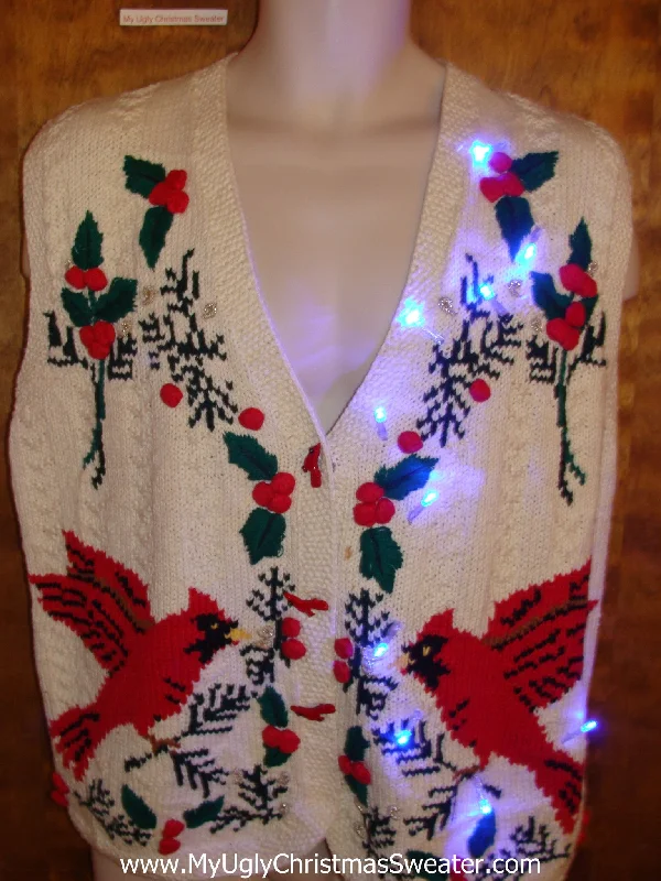 Christmas Winter Night Sky Cardinal Birds 80s Light Up Ugly Xmas Sweater Vest