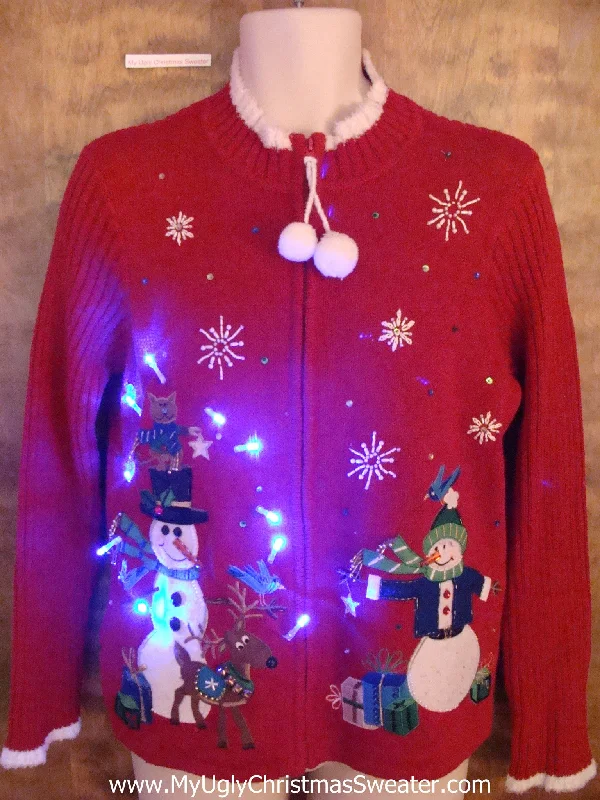 Christmas Snowy Mountains Cat on His Head Light Up Ugly Xmas Sweater