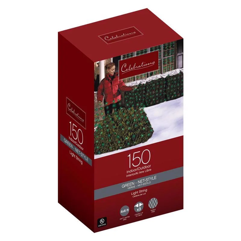 Christmas Crackling Bonfire Celebrations Red Incandescent Mini Green 150 ct Net Christmas Lights 6 ft.