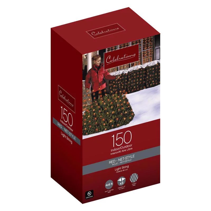 Christmas Festive Santa Hats Celebrations Red Incandescent Mini Red 150 ct Net Christmas Lights 6 ft.