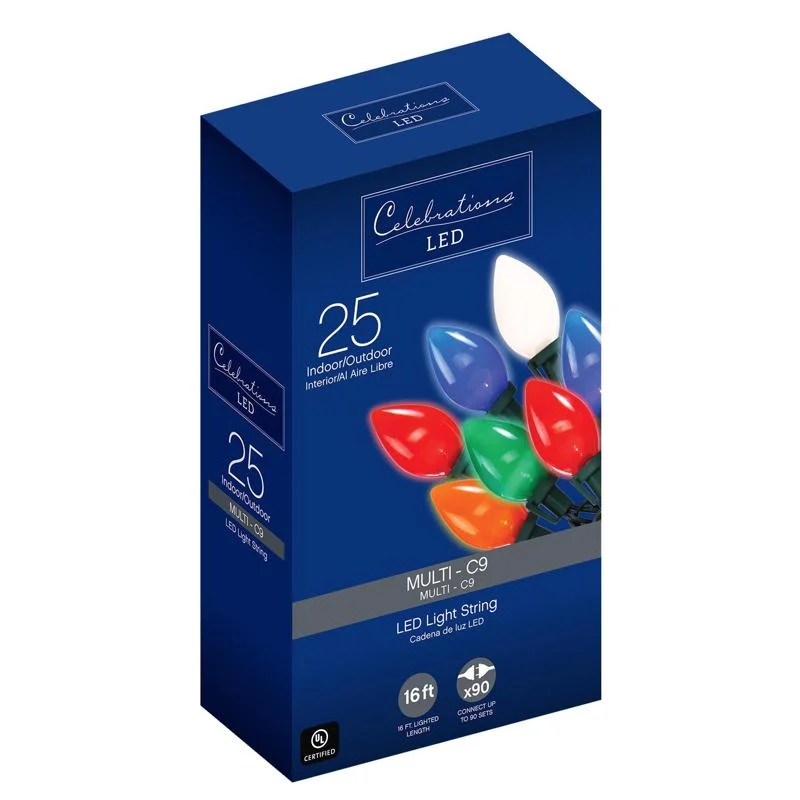 Christmas Festive Candle Arrangements Celebrations Blue LED C9 Multicolored 25 ct String Christmas Lights 16 ft.