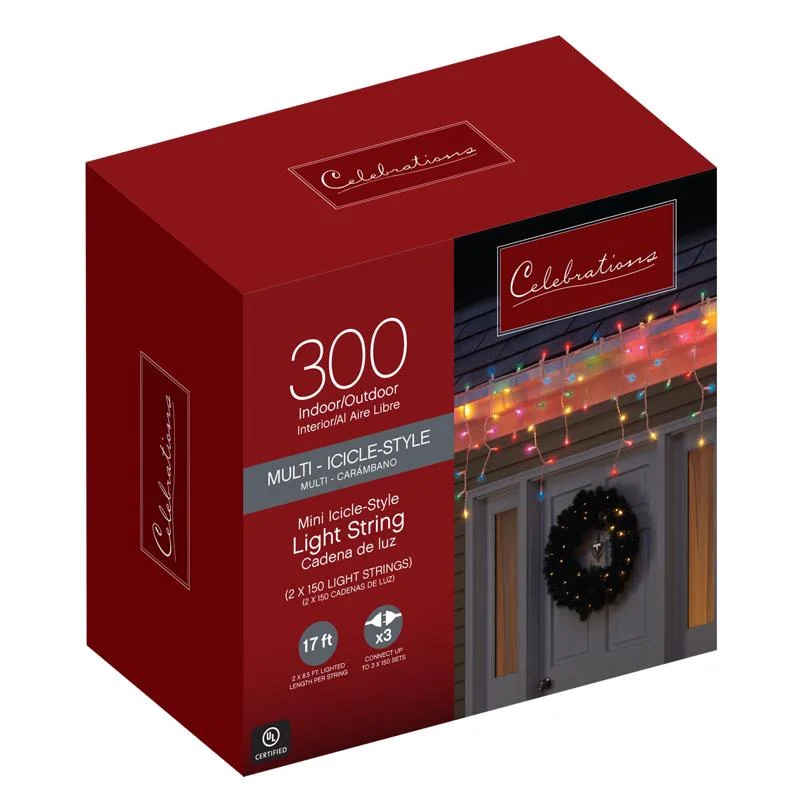 Christmas Tree Celebrations Red Incandescent Mini Multicolored 300 ct Icicle Christmas Lights 17 ft.