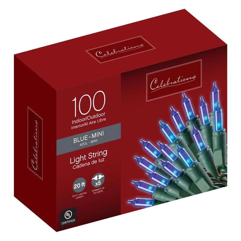 Christmas Countdown Celebrations Red Incandescent Mini Blue 100 ct String Christmas Lights 20 ft.