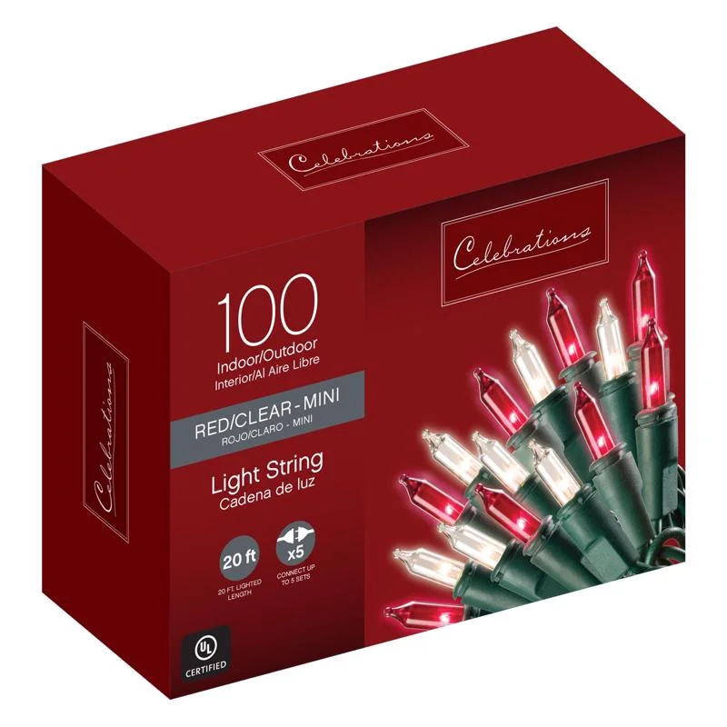 Christmas Festive Festivities Celebrations Red Incandescent Mini Multicolored 100 ct String Christmas Lights 20 ft.