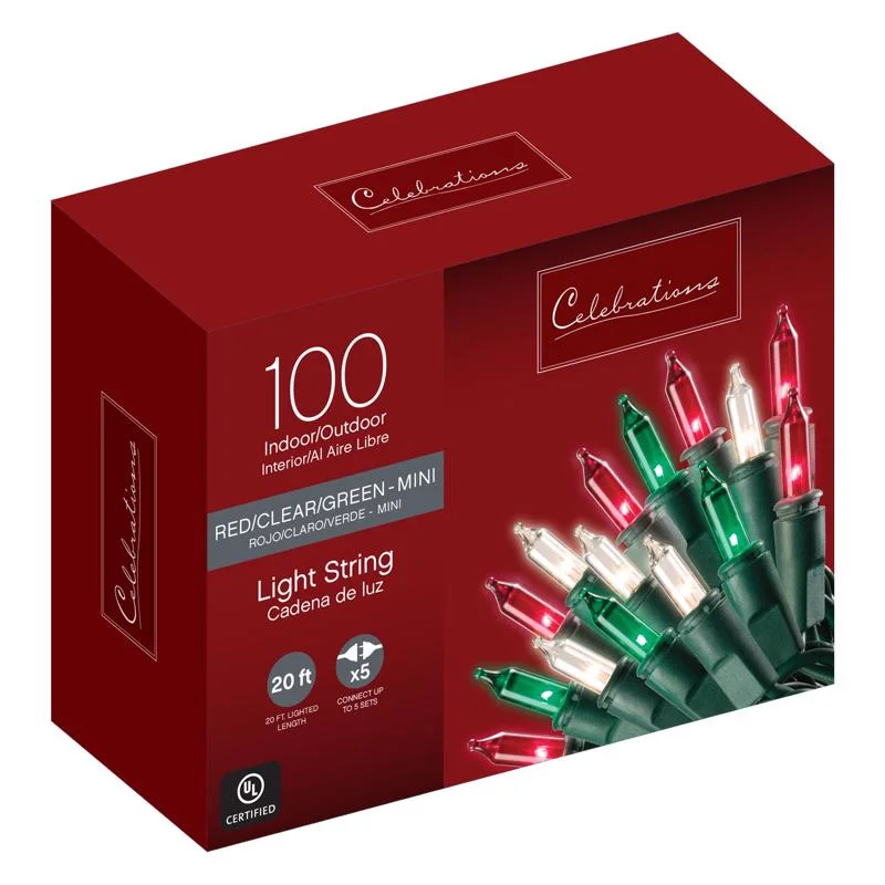 Christmas Wrapped With Love Celebrations Red Incandescent Mini Multicolored 100 ct String Christmas Lights 20 ft.